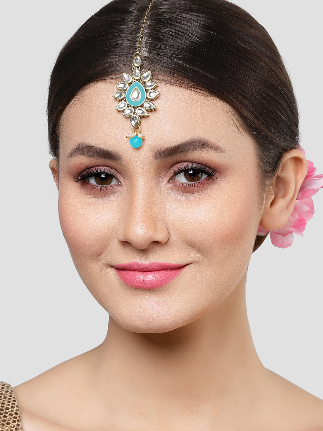 Karatcart Gold Plated Light Blue Meena Kundan Maangtikka for Women