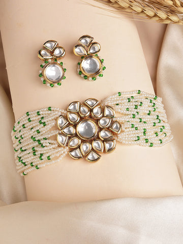 Karatcart Green Beads Polki Kundan Floral Design Choker Necklace Set for Women