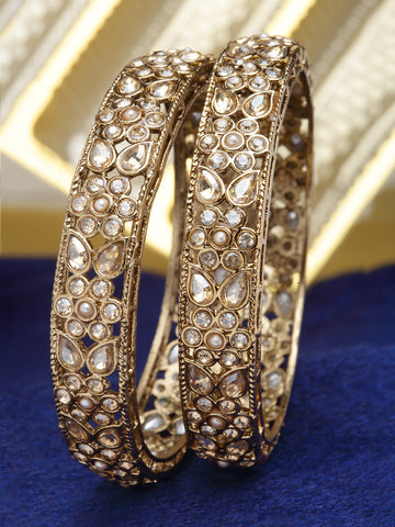 Karatcart Set of 2 Kundan Studded Floral Design Antique Gold Plated Bangles for Women