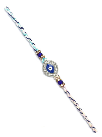 Karatcart Silver Plated Blue Evil Eye and American Diamond Bhiya Rakhi with Roli & Chawal