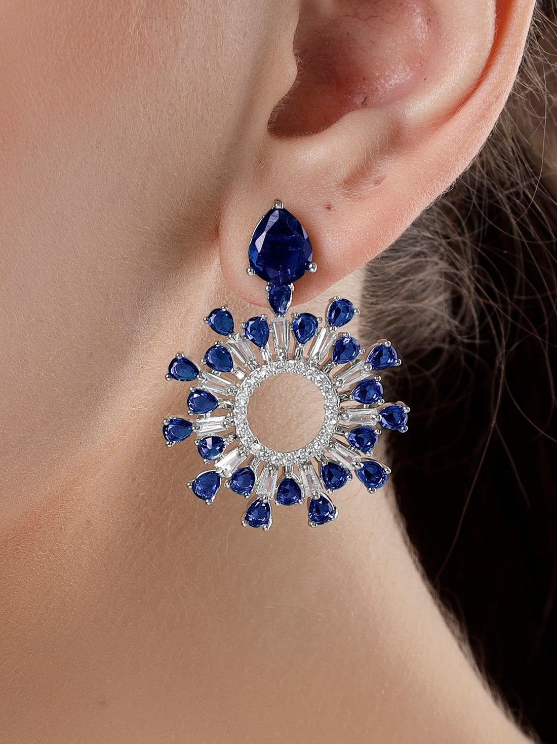 Karatcart Dazzling Blue American Diamond Earrings in Silver Finish