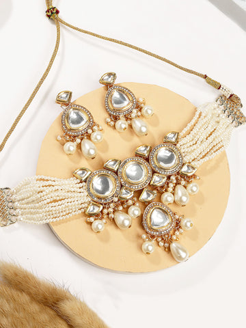 Karatcart Gold Plated Ploki Kundan Choker Necklace Set for Women