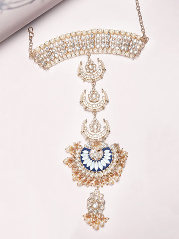 Karatcart Designer Gold Plated Kundan Hair Choti with Blue Enamel and Pearl for Women