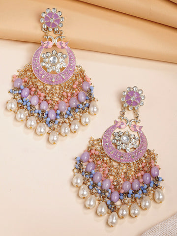 Karatcart Designer Purple & Pink Meenakari Gold-Plated Dangler Earrings with Pearl and Beads