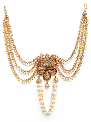 Karatcart Traditional Gold Plated Laxmi Mata Temple Hair Juda Pin with Pearl Chains for Women