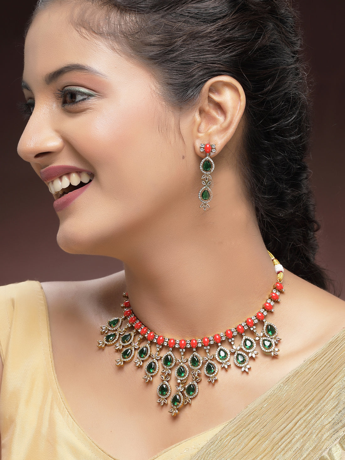 Red and green stone Waterfall necklace with American diamond