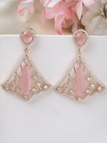 Karatcart Sparkling Rose Gold Earrings with Pink American Diamond Drops