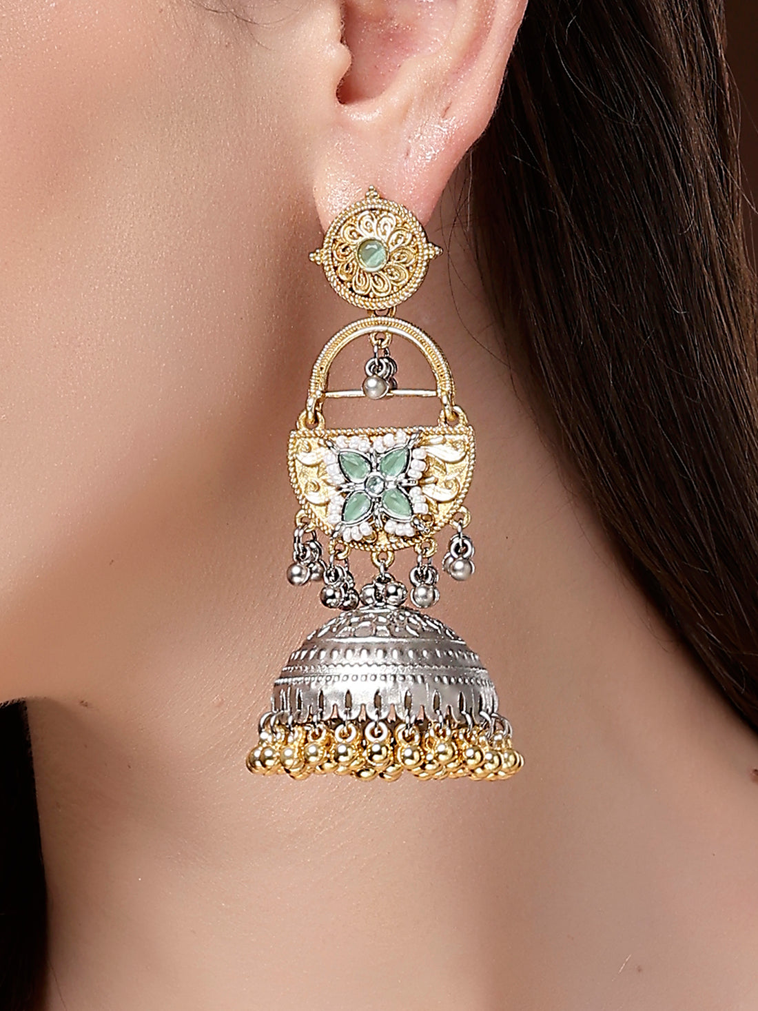 Karatcart Designer Oxidized Silver and Gold Plated Green Floral Motif Dual-Tone Jhumka Earrings