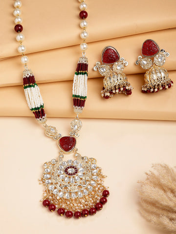 Karatcart Red Carved Stone and Pearl Studded Kundan Rani Haar Necklace Set for Women