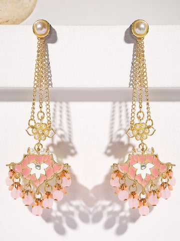 KARATCART Designer Gold-Plated Pink Meena and Floral Kundan Drop Earrings for Women