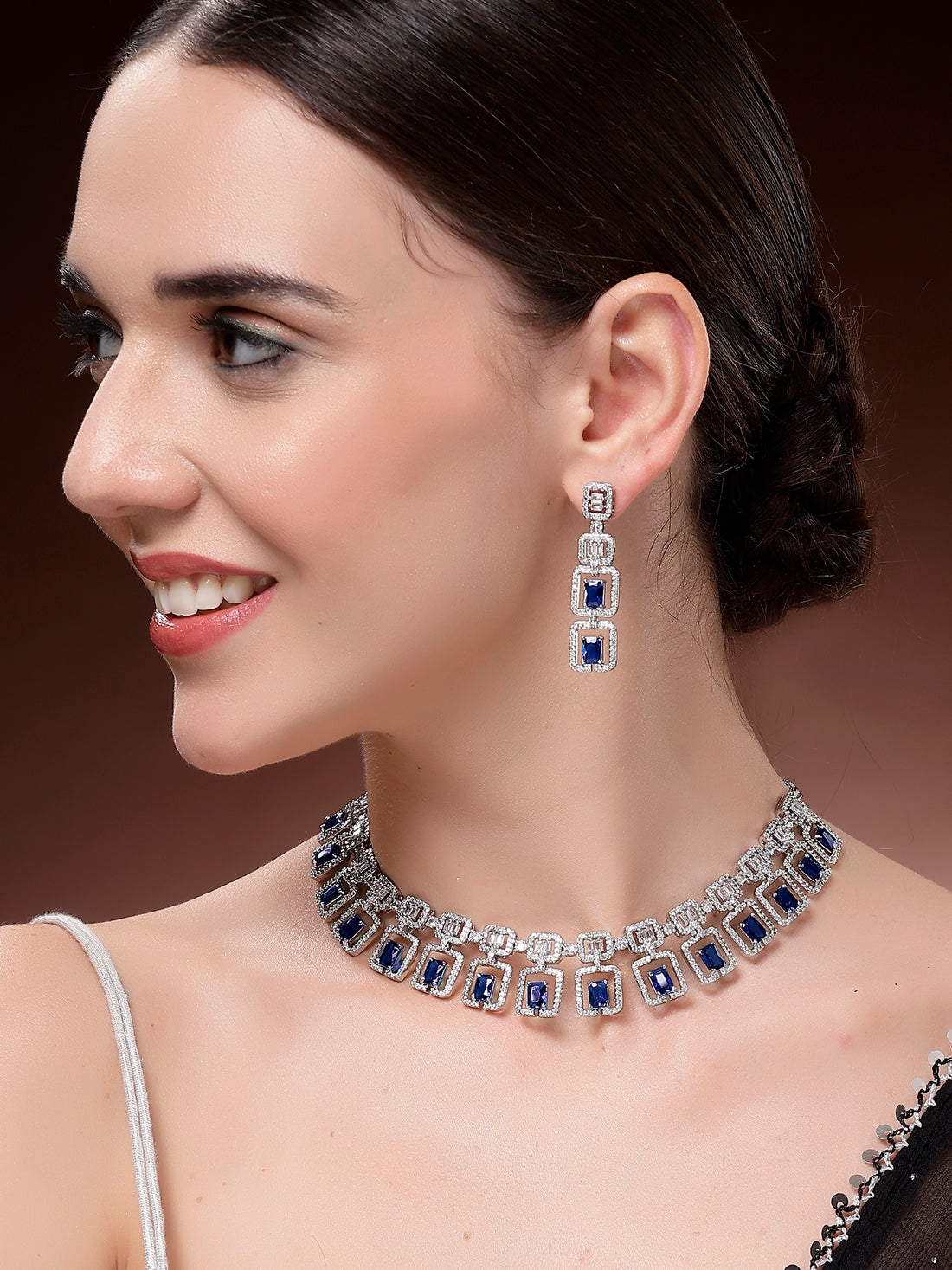Karatcart Dazzling Silver Plated Blue Square American Diamond Necklace Set for Women