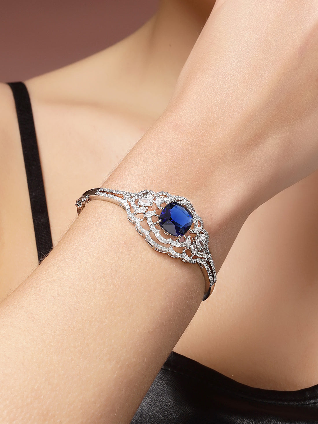 Karatcart Elegant Silver Plated Blue American Diamond Designer Bracelet for Women