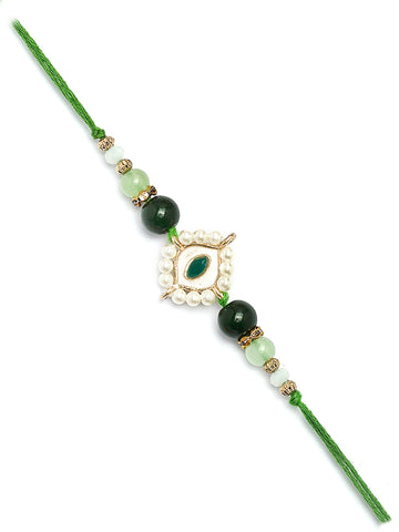 Karatcart Gold Plated Green Evil Eye Kundan Bhiya Rakhi with Roli & Chawal
