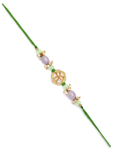 Karatcart Gold Plated Lime Green and Purple Beads Kundan Bhiya Bhabhi Rakhi with Roli & Chawal