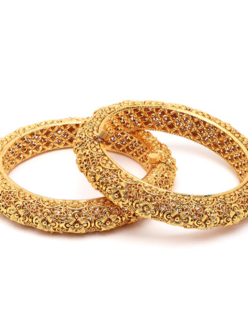 Karatcart Set of 2 Floral Rajwadi Antique Gold Plated Temple Bangles for Women