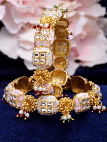 Karatcart Set of 2 Gold Plated Pink and Grey Meena Bangles Set for Women