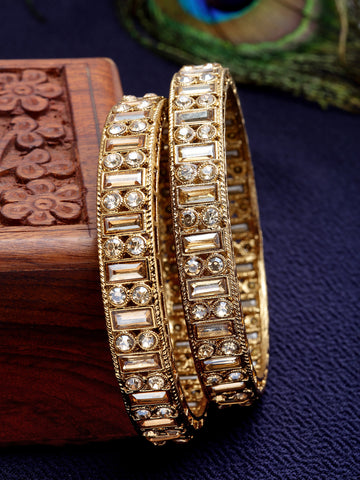 Karatcart Set of 2 Kundan Studded Antique Gold Plated Rajwadi Bangles for Women