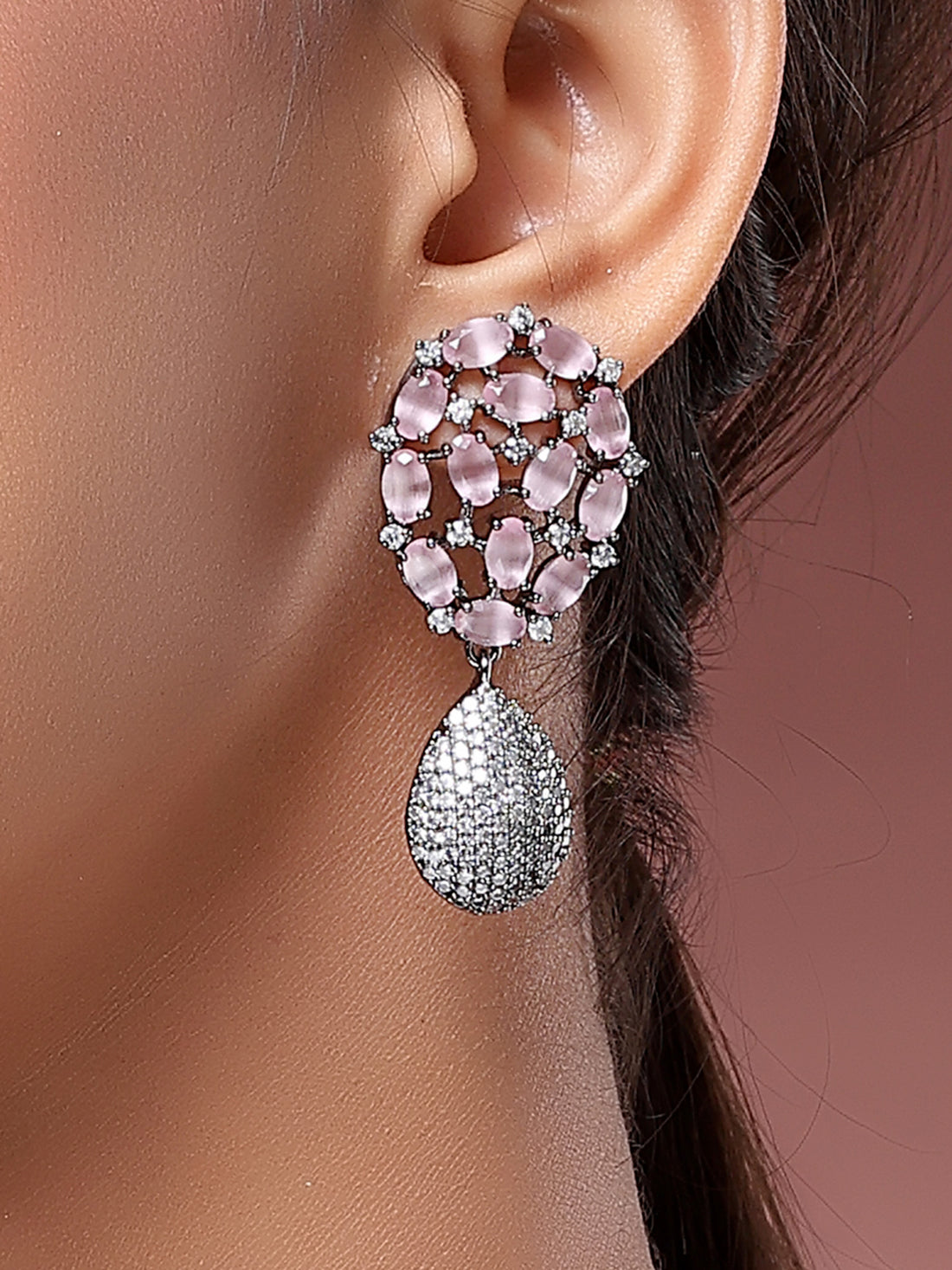 Karatcart Elegant Oval Drop Shape Pink American Diamond Drop Earrings for Women