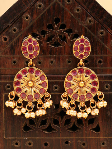 Karatcart Antique Gold Plated Red Tribal Drop Earrings for Women