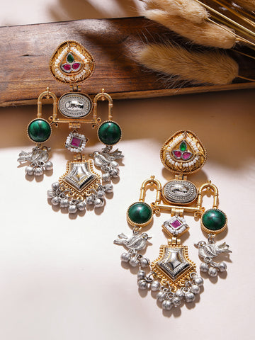 Karatcart Ethnic Gold and Silver Plated Green Stone Dual-Tone Bird Motif Dangler Earrings for Women