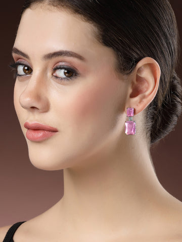 Karatcart Luxurious Pink American Diamond Stone Drop Earrings for Women