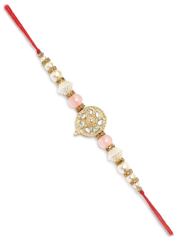 Karatcart Gold Plated Pink and White Beads Kundan Bhiya Rakhi with Roli & Chawal