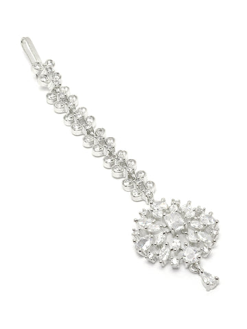 Karatcart Silver Plated Round Floral Design American Diamond Maangtikka for Women