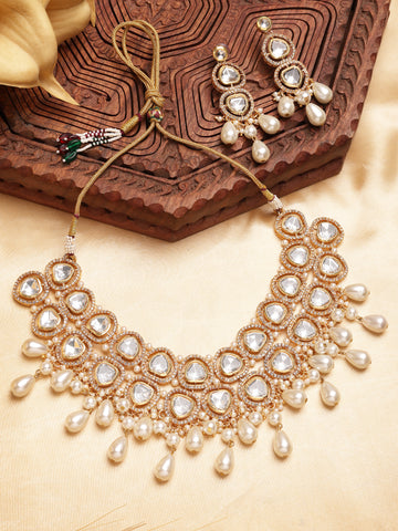 Karatcart Luxury Gold Plated Polki Kundan Handcrafted Necklace Set for Women