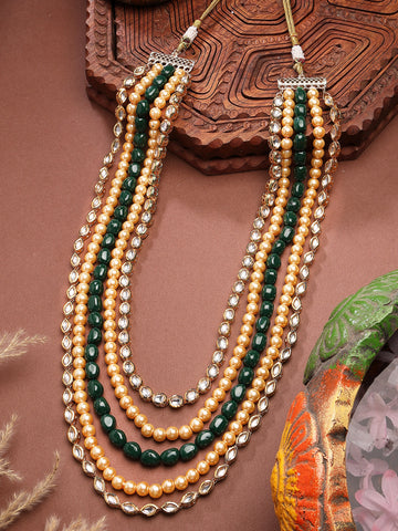 Karatcart Green Tumble Golden Pearl Polki Kundan Maharaja Haar for Men