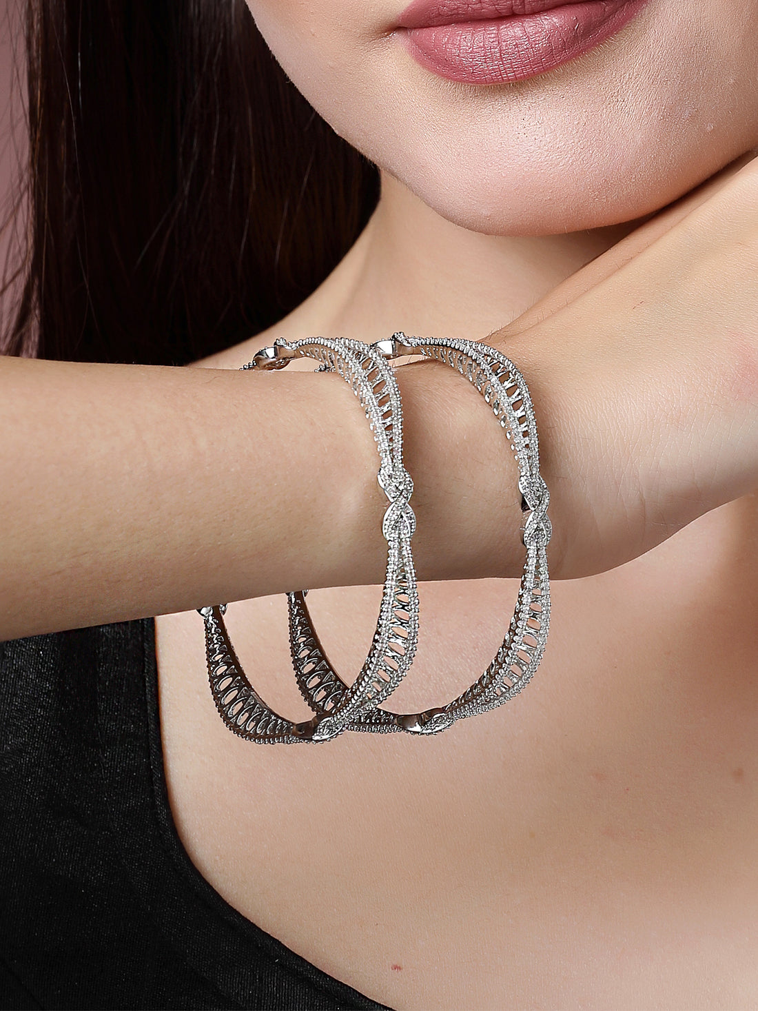 Karatcart Set of 2 Silver Plated American Diamond Studded Bangles for Women