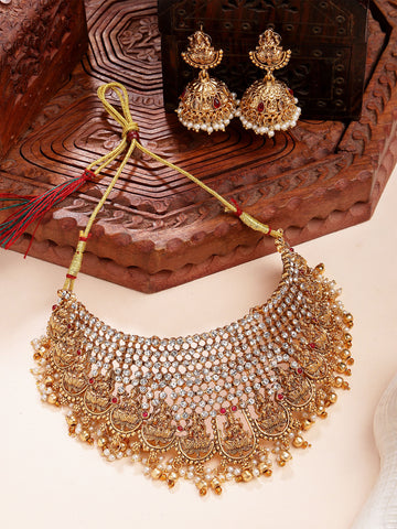 Karatcart Gold Plated Laxmi Mata Stone Studded Choker Temple Jewellery Set for Women