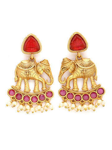 Karatcart Antique Gold Plated Red Elephant Tribal Drop Earrings for Women