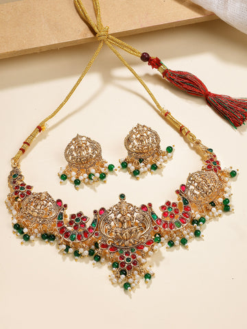 Karatcart Royal Moon Shape Red and Green Laxmi Mata Choker Temple Jewellery Set for Women