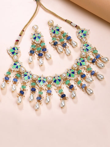 KARATCART Royal Look Gold-Plated Blue and Lime Green Meena Choker Necklace Set for Women