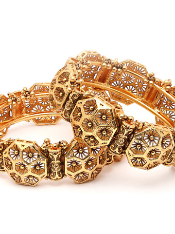 Karatcart Set of 2 Antique Gold Plated Honey Bee Design Rajwadi Temple Bangles for Women