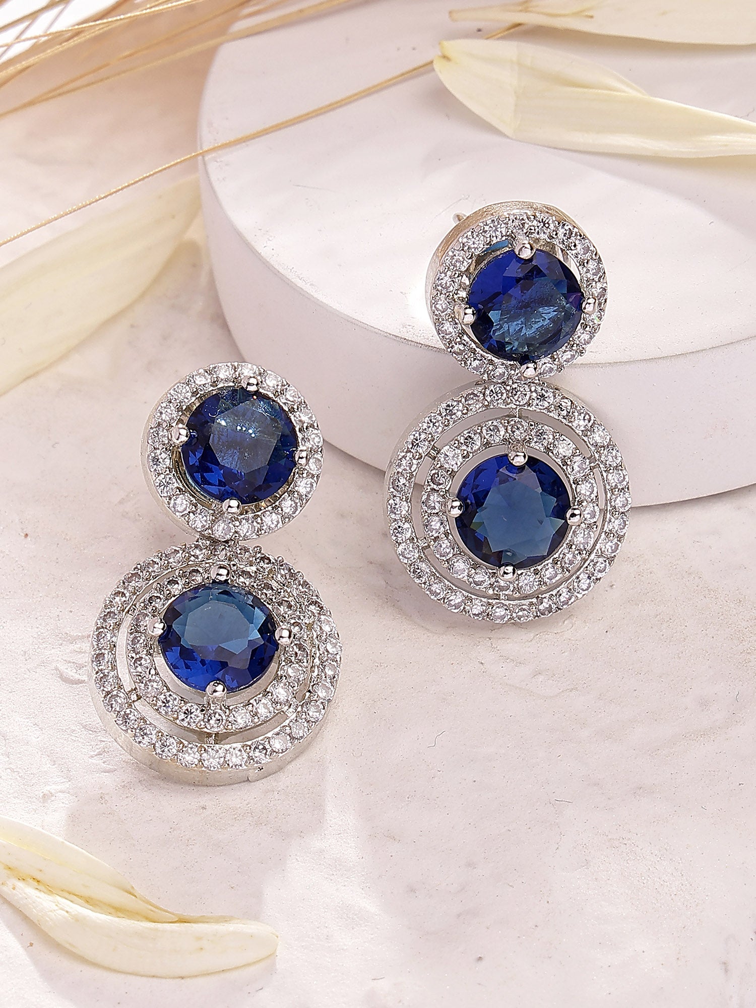 Karatcart Elegant Silver-Tone Round Blue American Diamond Drop Earrings for Women