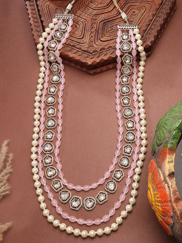 Karatcart Polki Kundan Pearl and Pink Tumble Maharaja Haar for Men