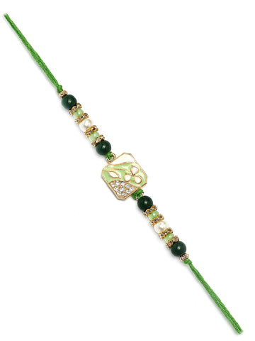 Karatcart Gold Plated Green Beads Kundan Bhiya Rakhi with Roli & Chawal