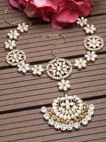 Karatcart Gold Plated Floral Pearl Beads Kundan Mathapatti for Women