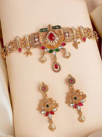 Karatcart Gold Plated Traditional Choker Necklace Set with Red and Green Stones