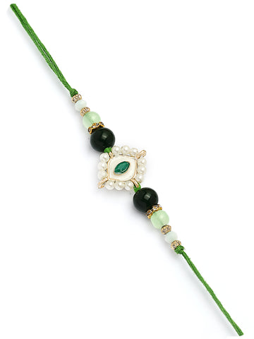 Karatcart Gold Plated Green Evil Eye Kundan Bhiya Bhabhi Rakhi with Roli & Chawal