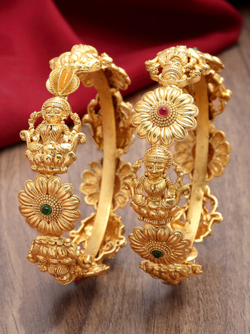 Karatcart Gold Plated Set of 2 Floral and Laxmi Mata Temple Bangles for Women