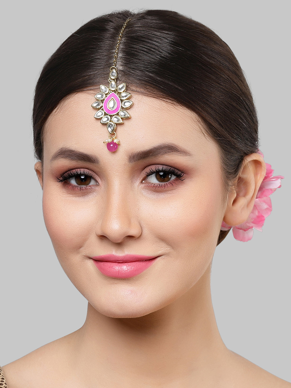 Karatcart Gold Plated Pink Meena Kundan Maangtikka for Women