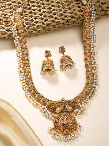 KARATCART Gold-Plated Pearl-Embellished Goddess Laxmi Temple Jewellery Set for Women