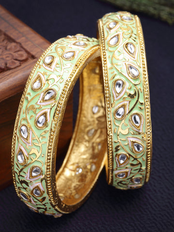 Karatcart Set of 2 Antique Light Green Meena Gold Plated Bangles for Women