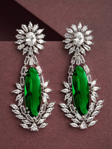 Karatcart Silver Plated Big Green American Diamond Studded Drop Earrings for Women