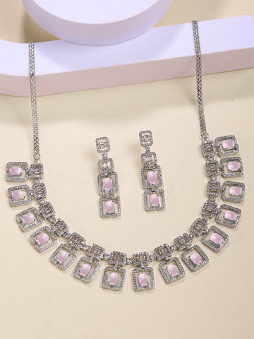 Karatcart Dazzling Silver Plated Pink Square American Diamond Necklace Set for Women