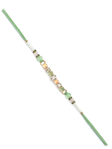 Karatcart Lime Green and Peach Rhinestones Bhiya Rakhi with Roli & Chawal