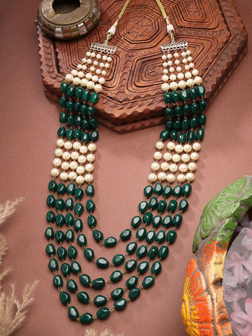 Karatcart Green Tumble and Pearl Maharaja Haar for Men