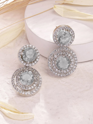 Karatcart Elegant Silver-Tone Round American Diamond Drop Earrings for Women